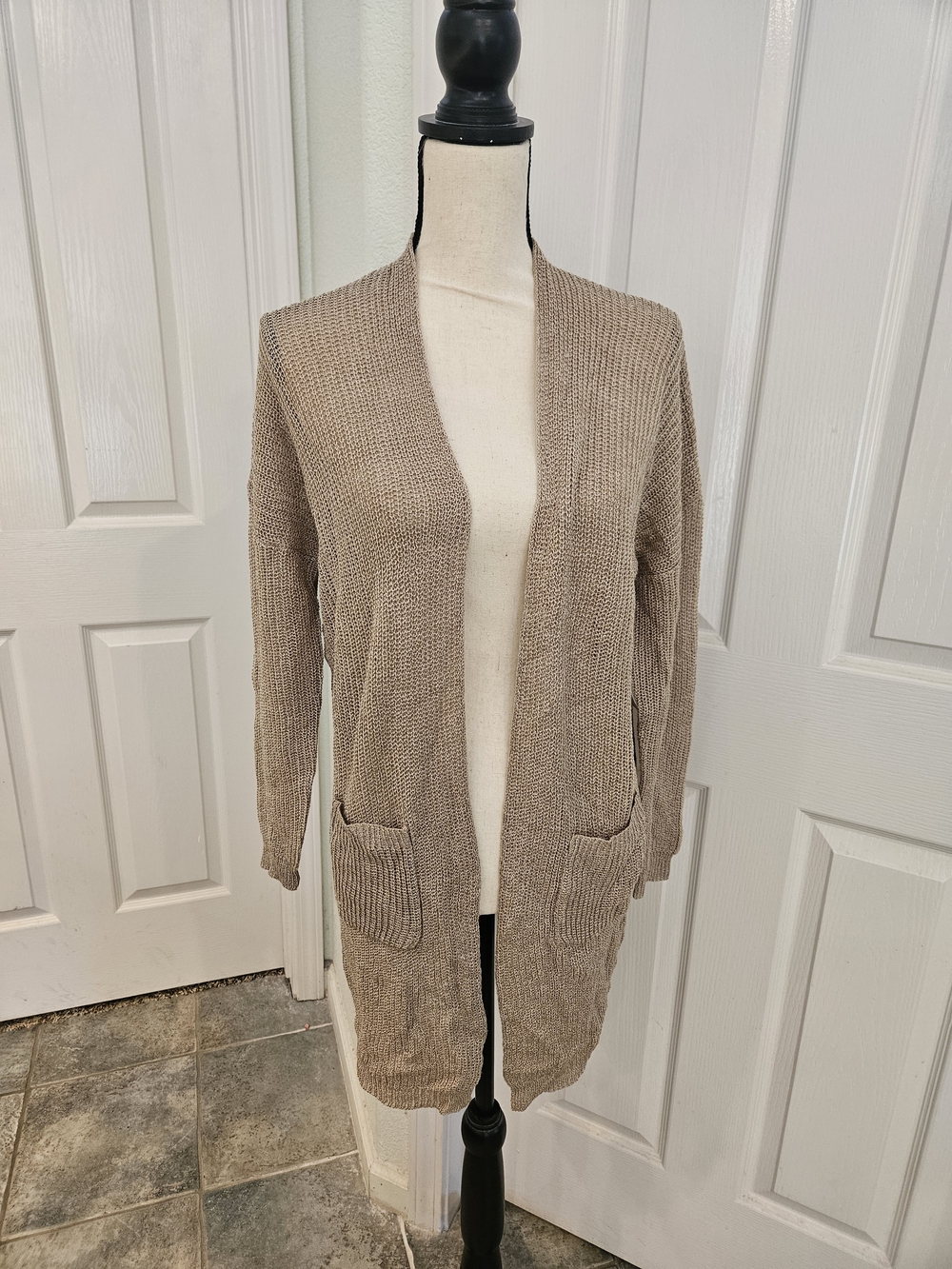 Pink Lily Open-Front Long Knit Sheer Cardigan in Taupe